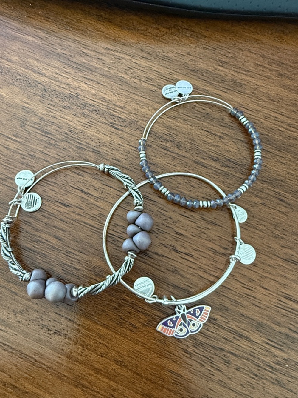 Alex and Ani Silver-Tone Bracelets with Lavender Beads and Enamel Charm
